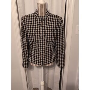 Vtg. Kasper A.S.L. Black‎ Ivory Houndstooth Wool Blazer 12 Office Preppy Y2K